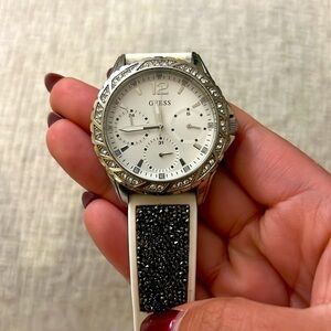 Guess Silver and White Watch with Black Accents